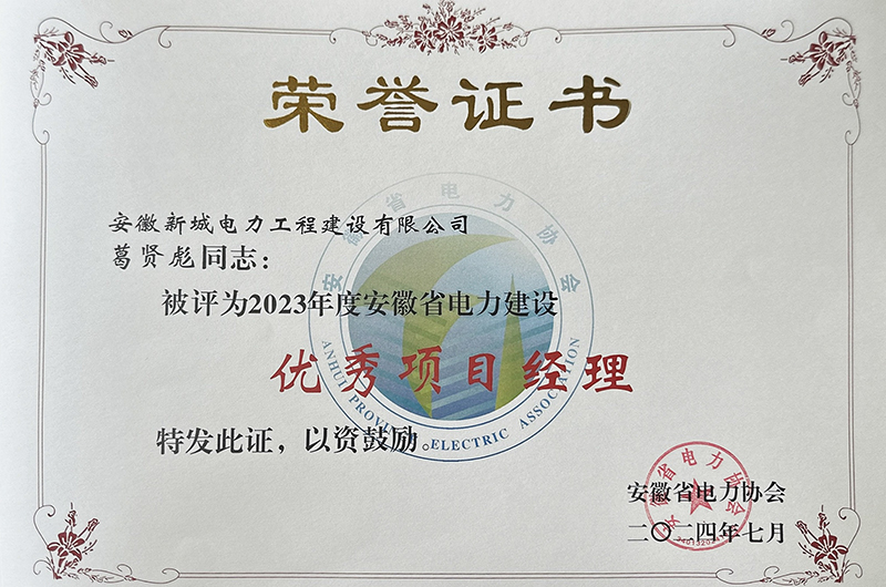 葛贤彪优秀项目经理荣誉证书